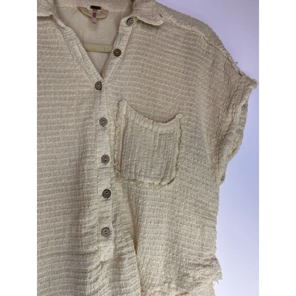 Free People Cream Gauze Short Jumpsuit Romper with Button Placket